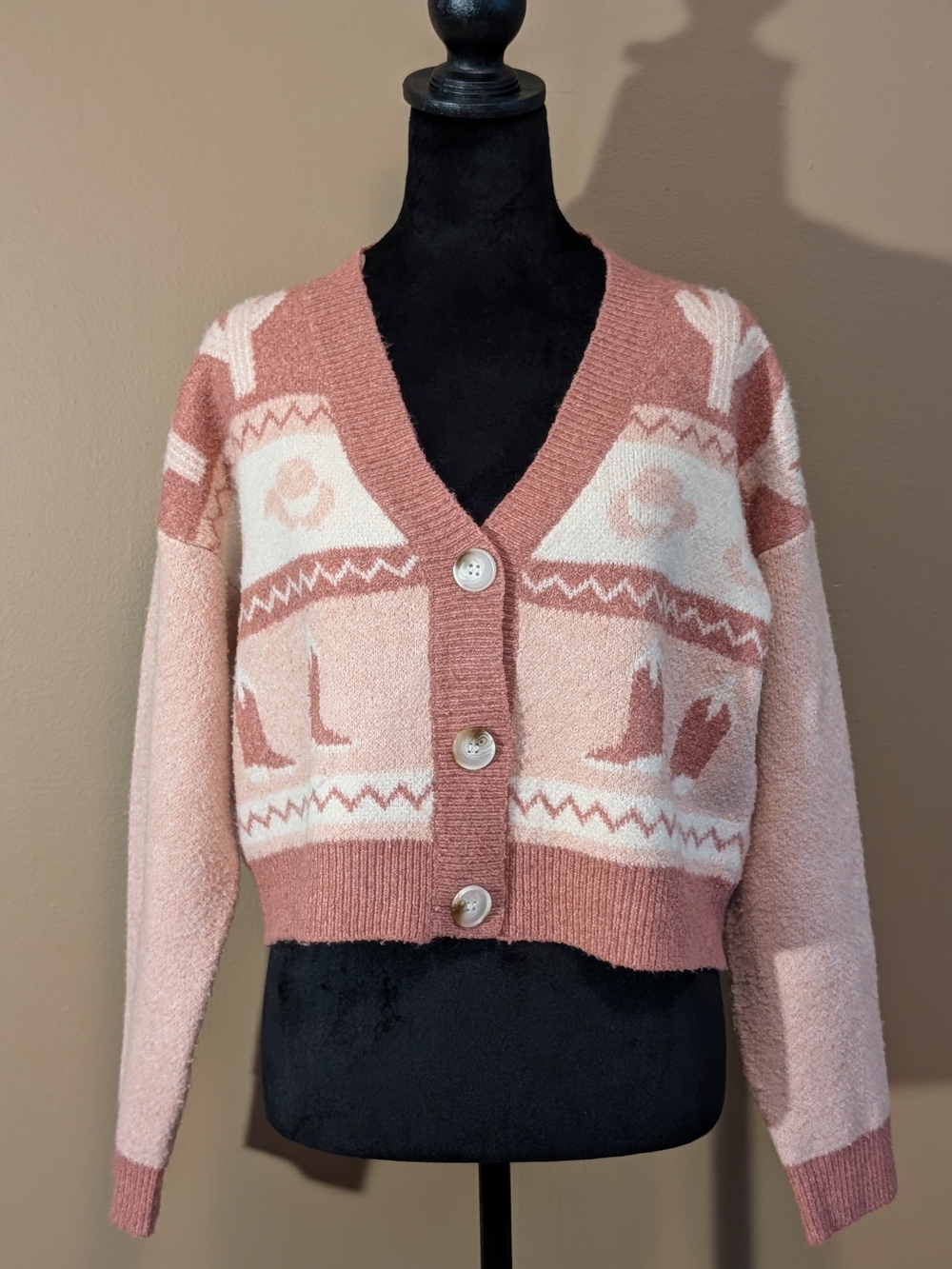 Cozy Pink Cowgirl Patterned V-Neck Cardigan Sweater. Size Small. Western. Desert